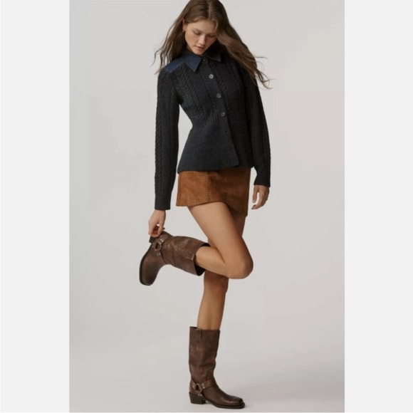 PILCRO anthropologie peplum cable cardigan collared sweater jacket navy size XL - Picture 4 of 14